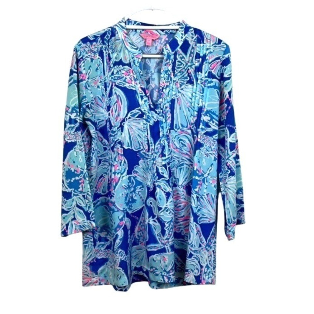 Lilly Pulitzer Elsa Top Shell Me Something New Blue Pink Coastal Blouse Medium - Picture 2 of 5